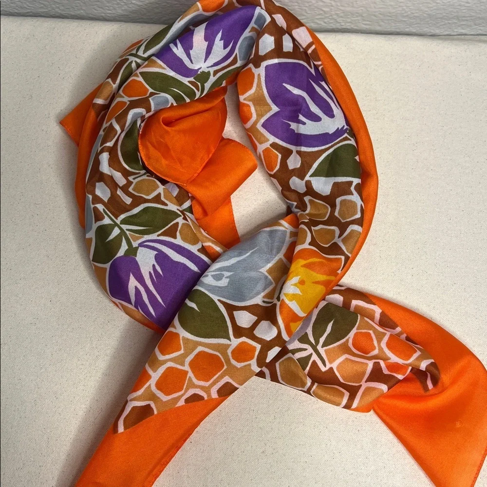 Vintage Floral Square Scarf 30.5x30.5 Orange Purple Retro Mod Print